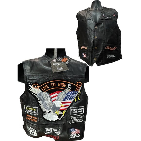 DIAMOND PLATE Buffalo Genuine Leather Motorcycle Vest Mens M Customized Patches - Picture 1 of 13